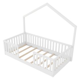 House Shape Twin Floor Bed with High Rails and Light