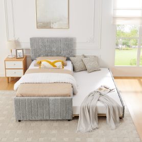 Twin Size Upholstered Bed with Vertical Channel Tufted Headboard & Nailhead Trim