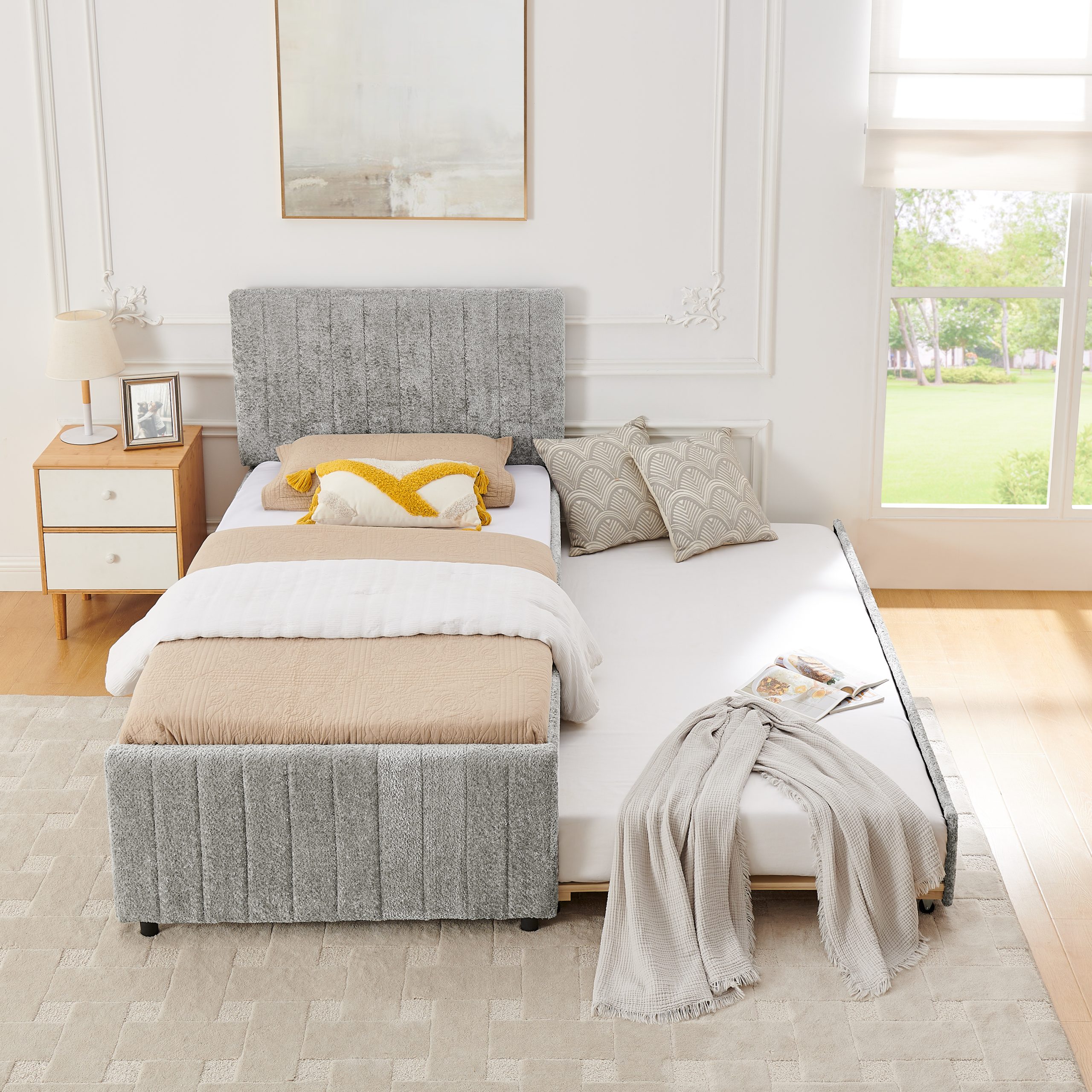 Twin Size Upholstered Bed with Vertical Channel Tufted Headboard & Nailhead Trim