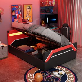 Queen Size Gaming Bed with Built-in 7-Color LED Lighting Headboard