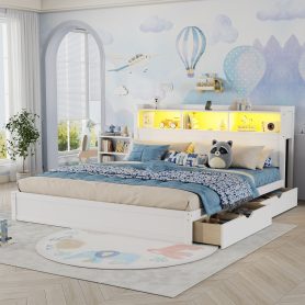 Wood King Bed with Drawers, Headboard And Pull Out Storage Cabinet