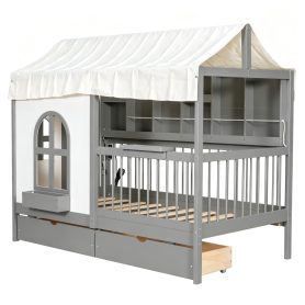 Twin Size House Bed with 2 Large Drawers, Side Bookshelf with LED Strip