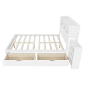 Wood Full Bed with Drawers, Headboard And Pull Out Storage Cabinet