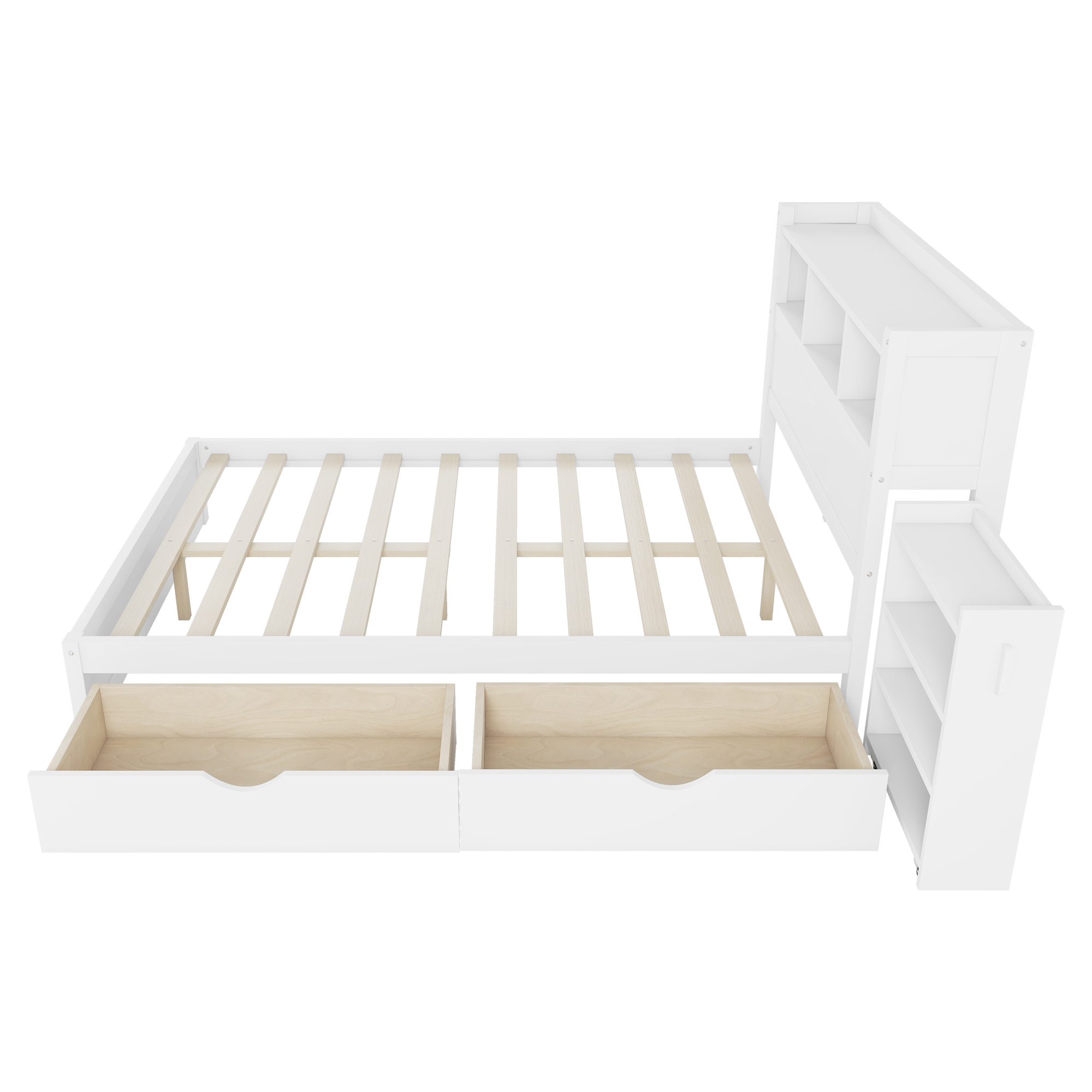 Wood Full Bed with Drawers, Headboard And Pull Out Storage Cabinet