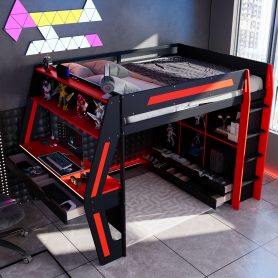 Full Size Gaming Loft Bed with Integrated Desk, Smart RGB LED Lights and USB Ports