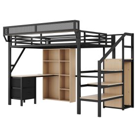 Full Size Loft Bed With Desk, Charging Station, 7 Open Storage Spaces And LED Lighting