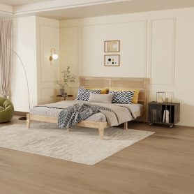 King Size Solid Wood Bed with Rattan Headboard