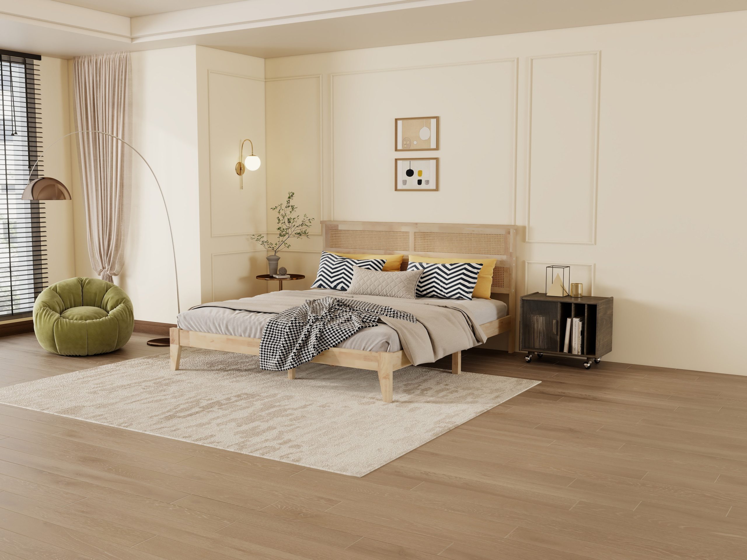 King Size Solid Wood Bed with Rattan Headboard 3 King Size Solid Wood Bed with Rattan Headboard