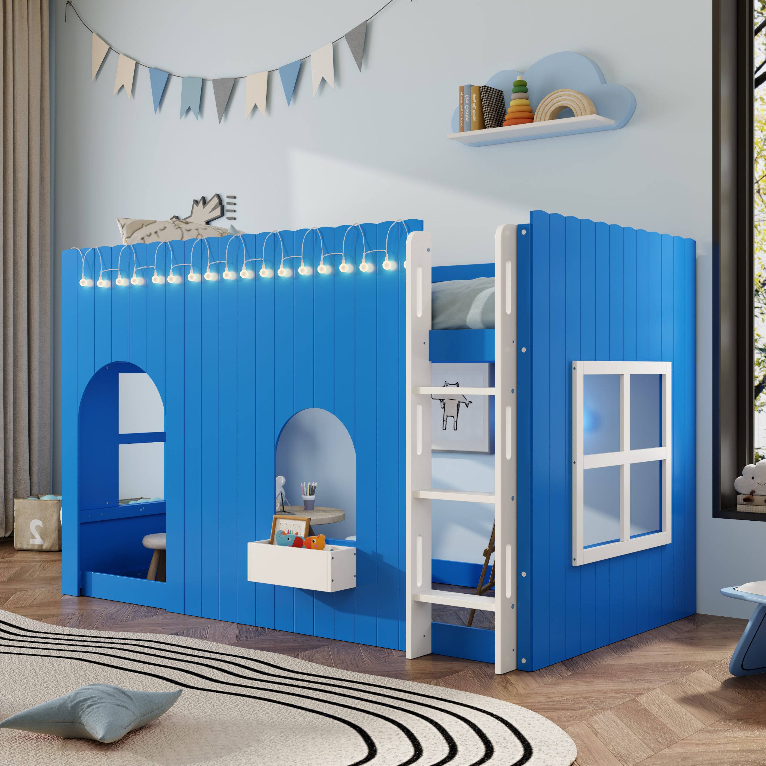 Twin Size Kids Loft Bed With Warm Led Light String