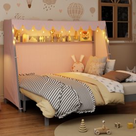 Twin XL House Bed with Twin XL Trundle, Shelf, Tent and Light