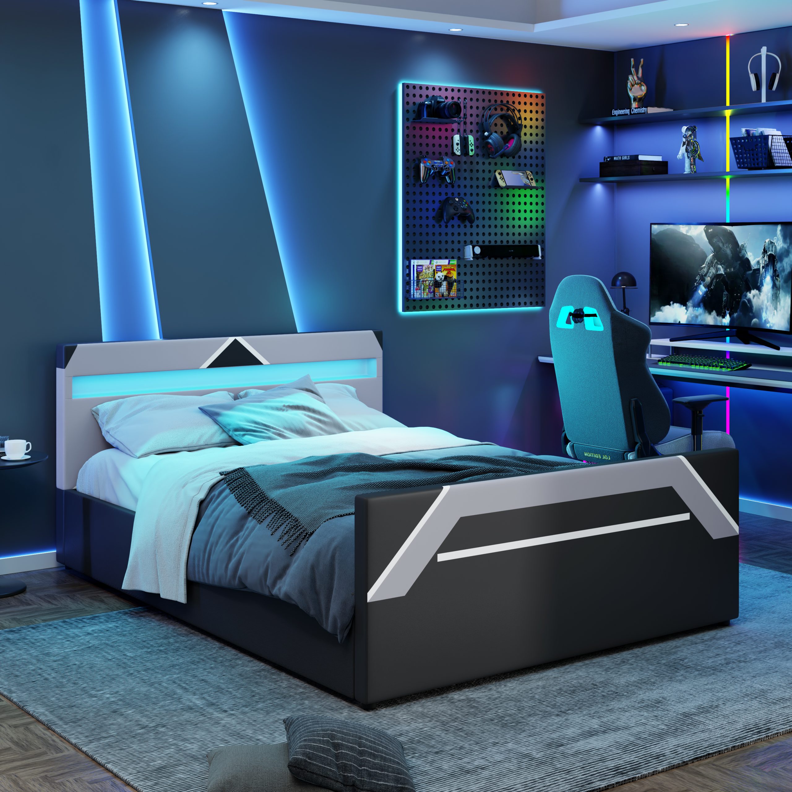Queen Size Gaming Bed with Built-in 7-Color LED Lighting Headboard
