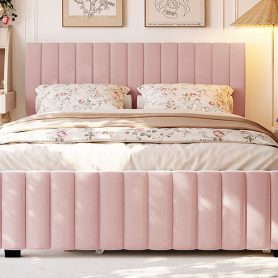 Queen Size Velvet Upholstered Platform Bed with Twin XL Size Trundle