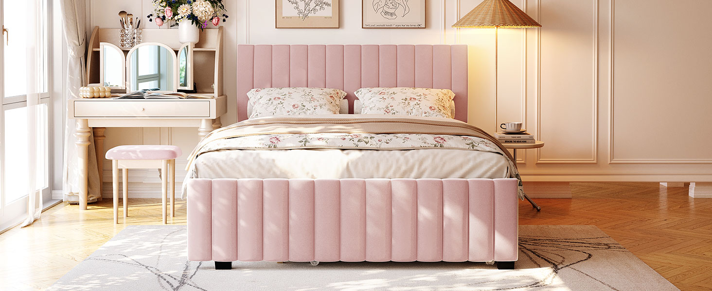 Queen Size Velvet Upholstered Platform Bed with Twin XL Size Trundle