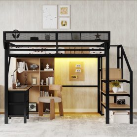 Full Size Loft Bed With Desk, Charging Station, 7 Open Storage Spaces And LED Lighting