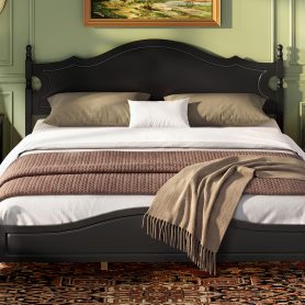 Retro Style Wooden Platform Bed with Wood Slats Support