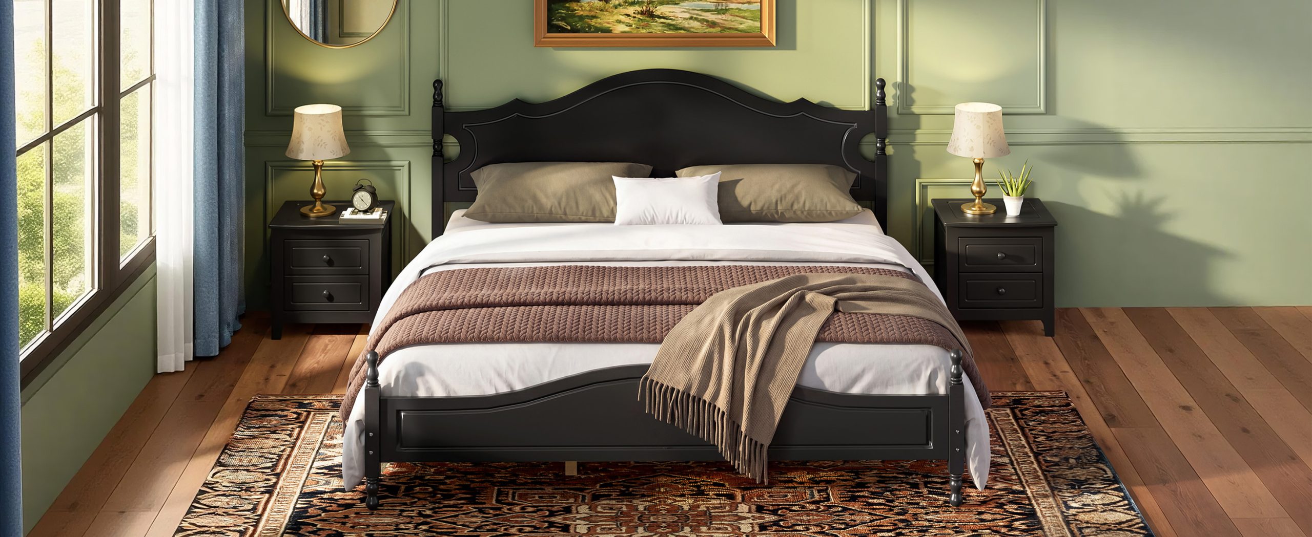 Retro Style Wooden Platform Bed with Wood Slats Support