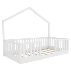 House Shape Twin Floor Bed with High Rails and Light