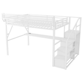 Metal Full Loft Bed With Desk, Charging Station, Stairs And Light