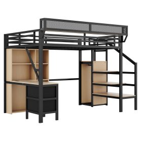Full Size Loft Bed With Desk, Charging Station, 7 Open Storage Spaces And LED Lighting