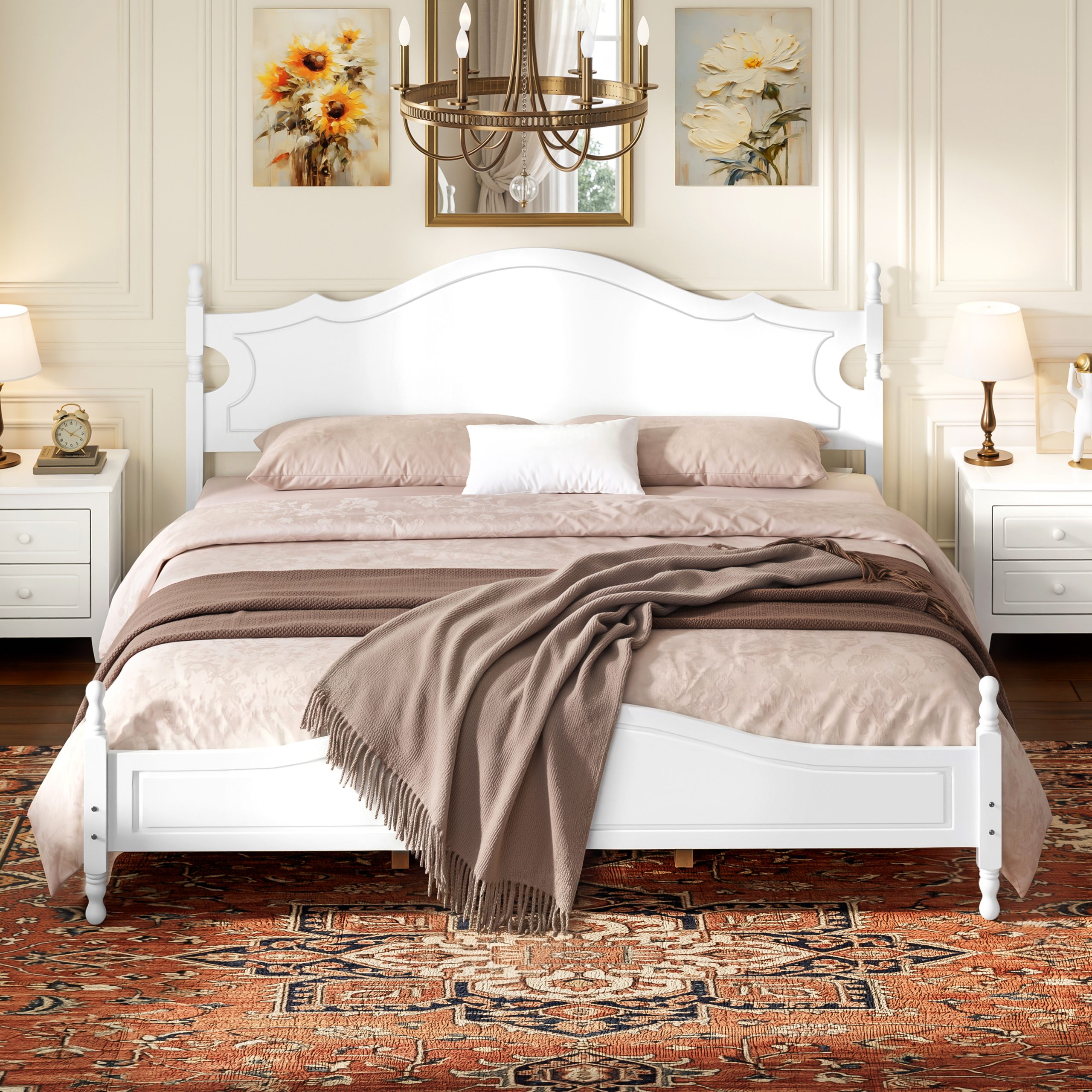 Retro Style Wooden Platform Bed with Wood Slats Support