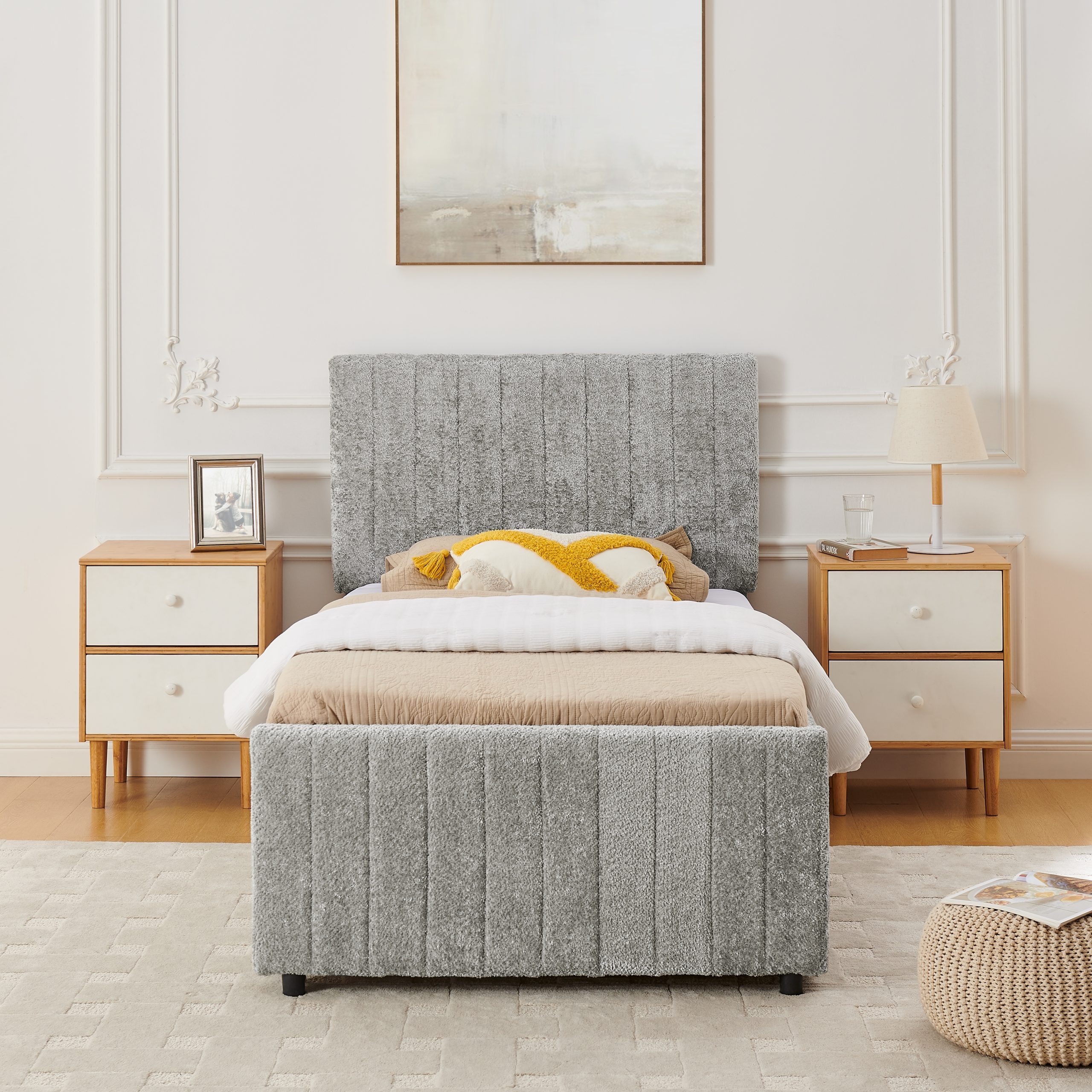 Twin Size Upholstered Bed with Vertical Channel Tufted Headboard & Nailhead Trim