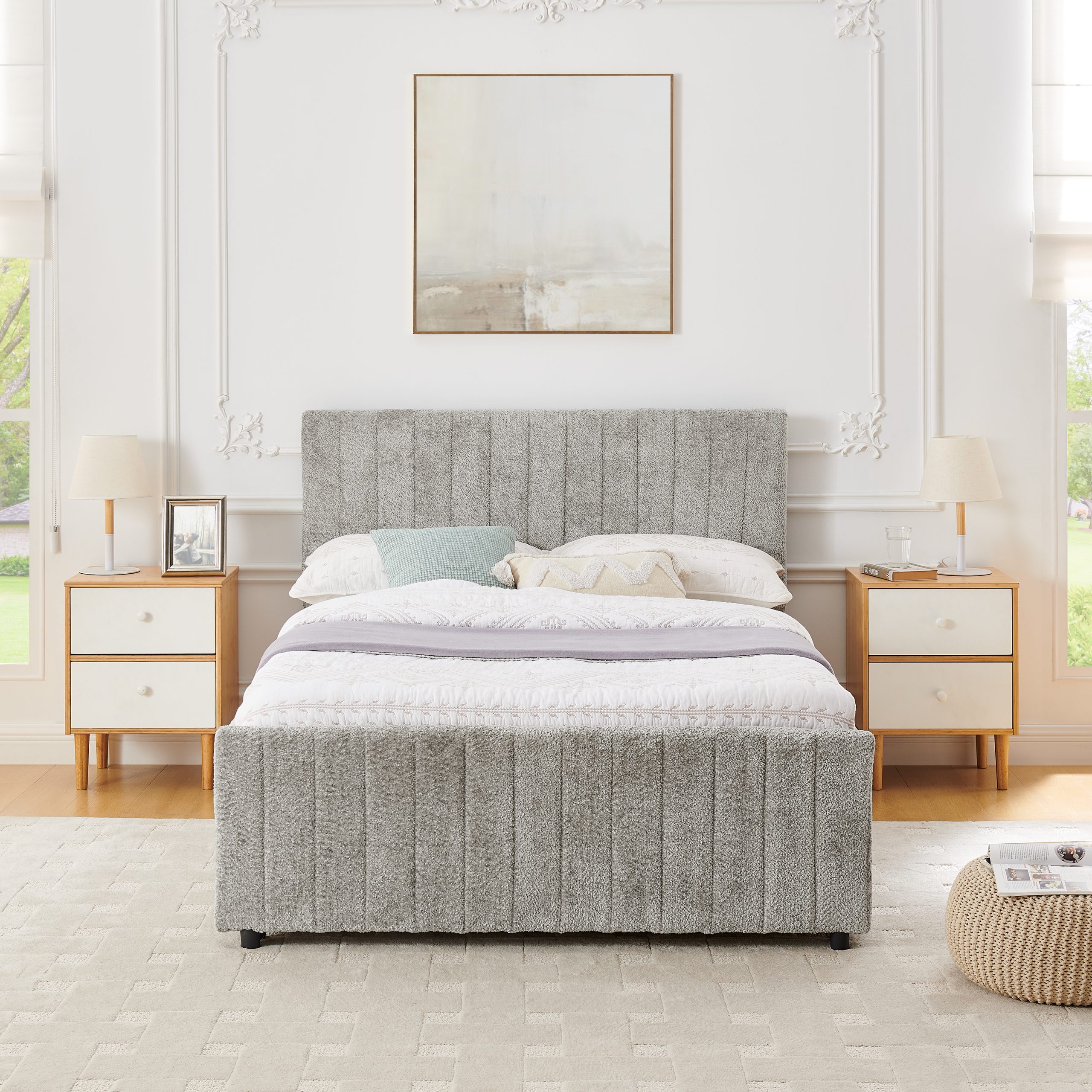 Full Size Upholstered Bed with Vertical Channel Tufted Headboard & Nailhead Trim