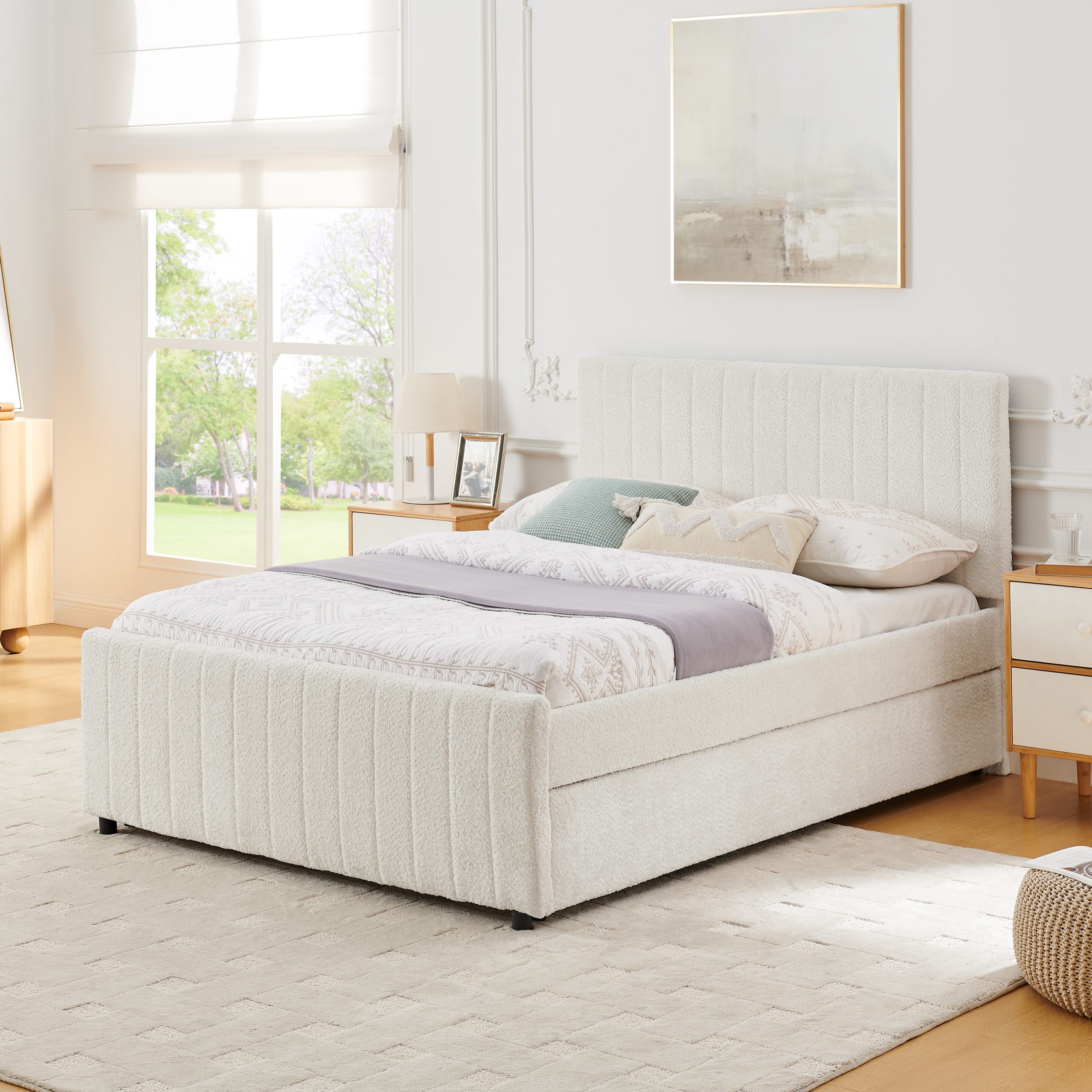 Full Size Upholstered Bed with Vertical Channel Tufted Headboard & Nailhead Trim