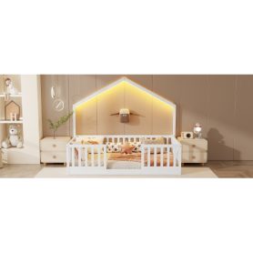 House Shape Twin Floor Bed with High Rails and Light