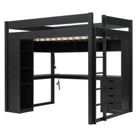 Full Size Solid Wood Loft Bed with L-Shaped Desk and 4 Drawers