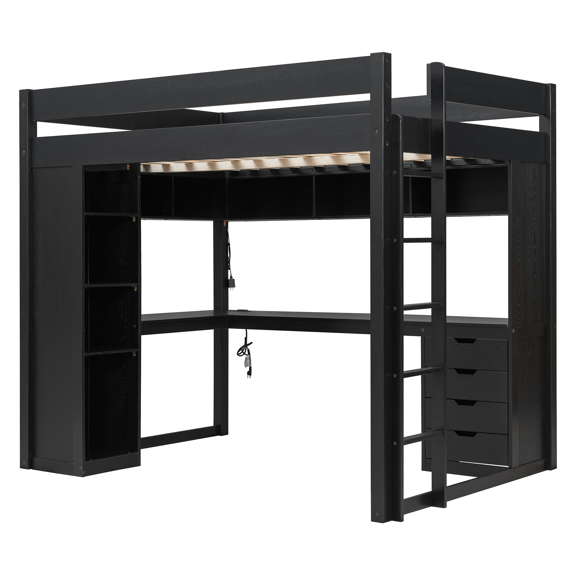 Full Size Solid Wood Loft Bed with L-Shaped Desk and 4 Drawers
