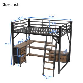 Metal Full Size Loft Bed With Desk, Light, Storage Shelves, Wardrobe And Drawers