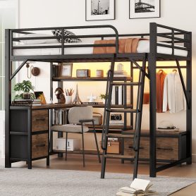 Metal Full Size Loft Bed With Desk, Light, Storage Shelves, Wardrobe And Drawers