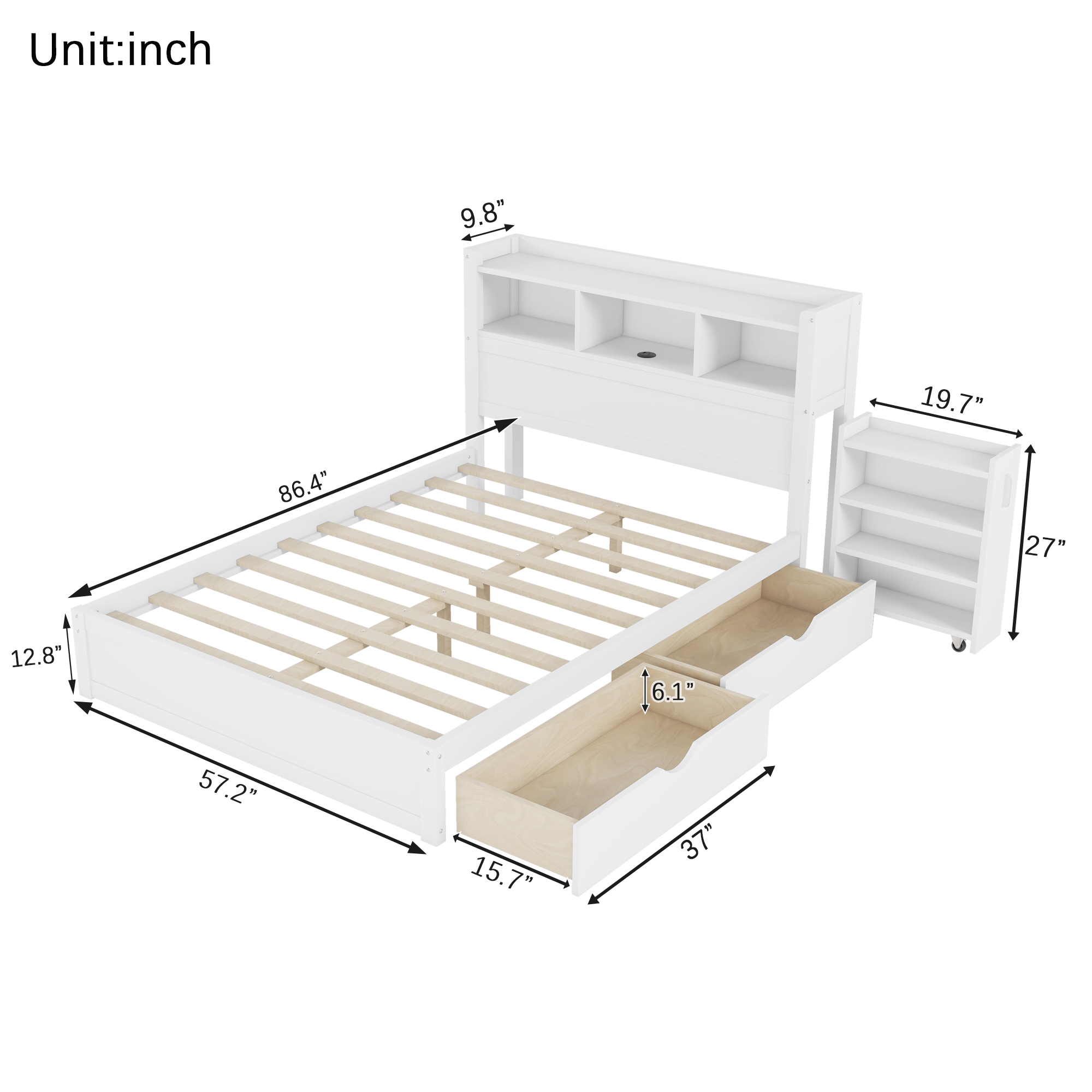 Wood Full Bed with Drawers, Headboard And Pull Out Storage Cabinet