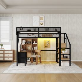 Full Size Loft Bed With Desk, Charging Station, 7 Open Storage Spaces And LED Lighting