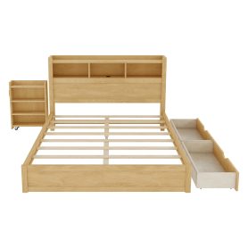 Wood Queen Bed with Drawers, Headboard And Pull Out Storage Cabinet