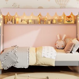 Twin XL House Bed with Twin XL Trundle, Shelf, Tent and Light