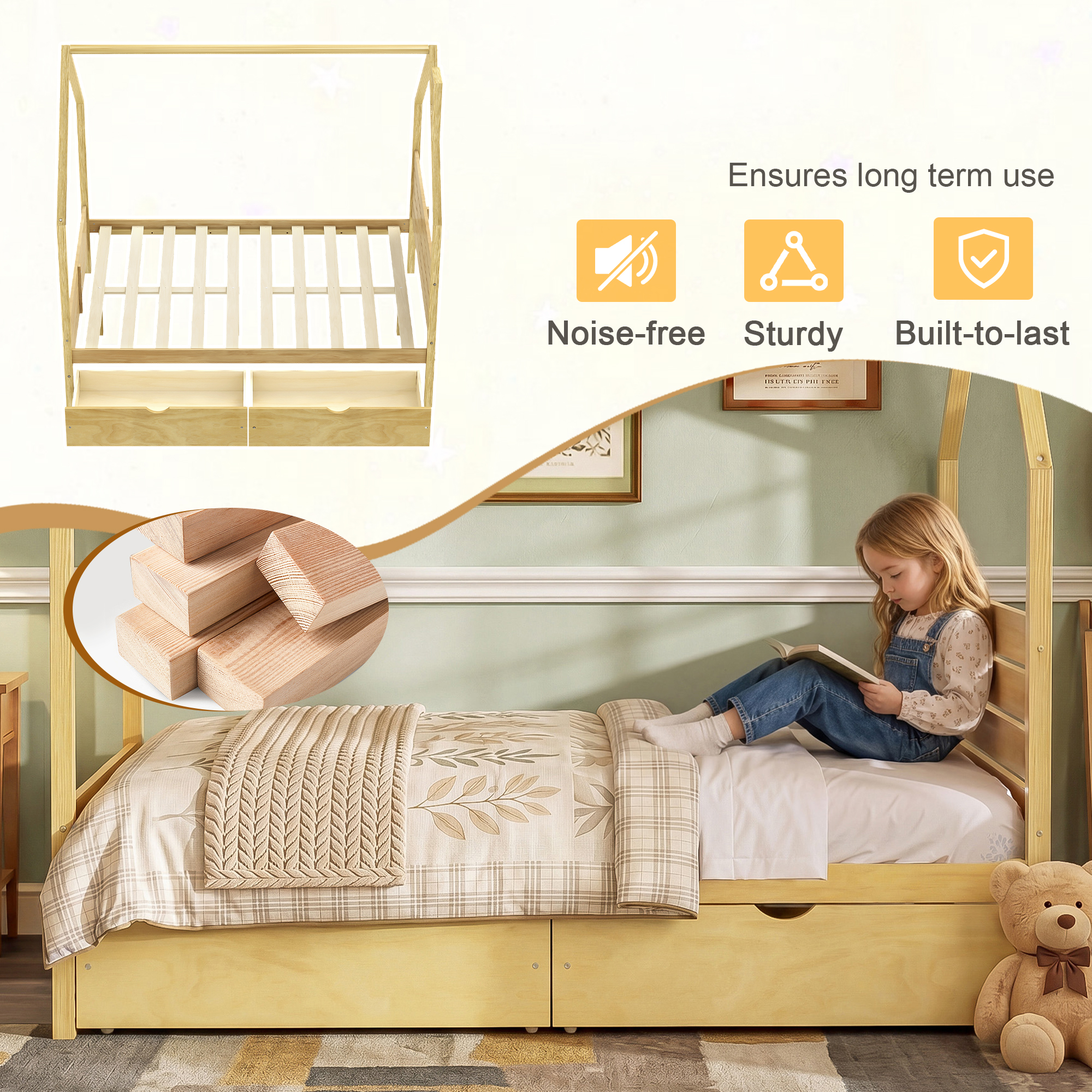 Full Size Montessori Bed With 2 Storage Drawers