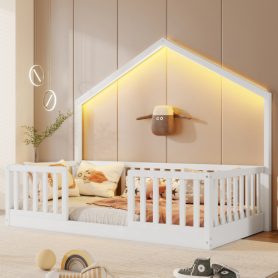 House Shape Twin Floor Bed with High Rails and Light