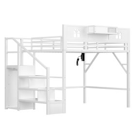Metal Queen Loft Bed With High And House Shaped Guardrails, Stairs and Wardrobe