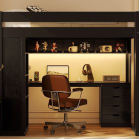 Twin Size Solid Wood Loft Bed with L-Shaped Desk and 4 Drawers