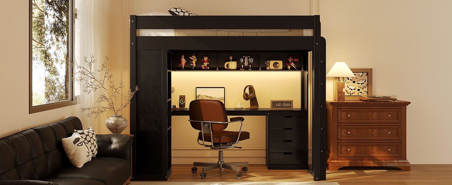 Twin Size Solid Wood Loft Bed with L-Shaped Desk and 4 Drawers