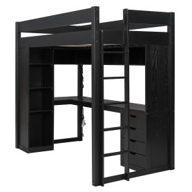 Twin Size Solid Wood Loft Bed with L-Shaped Desk and 4 Drawers
