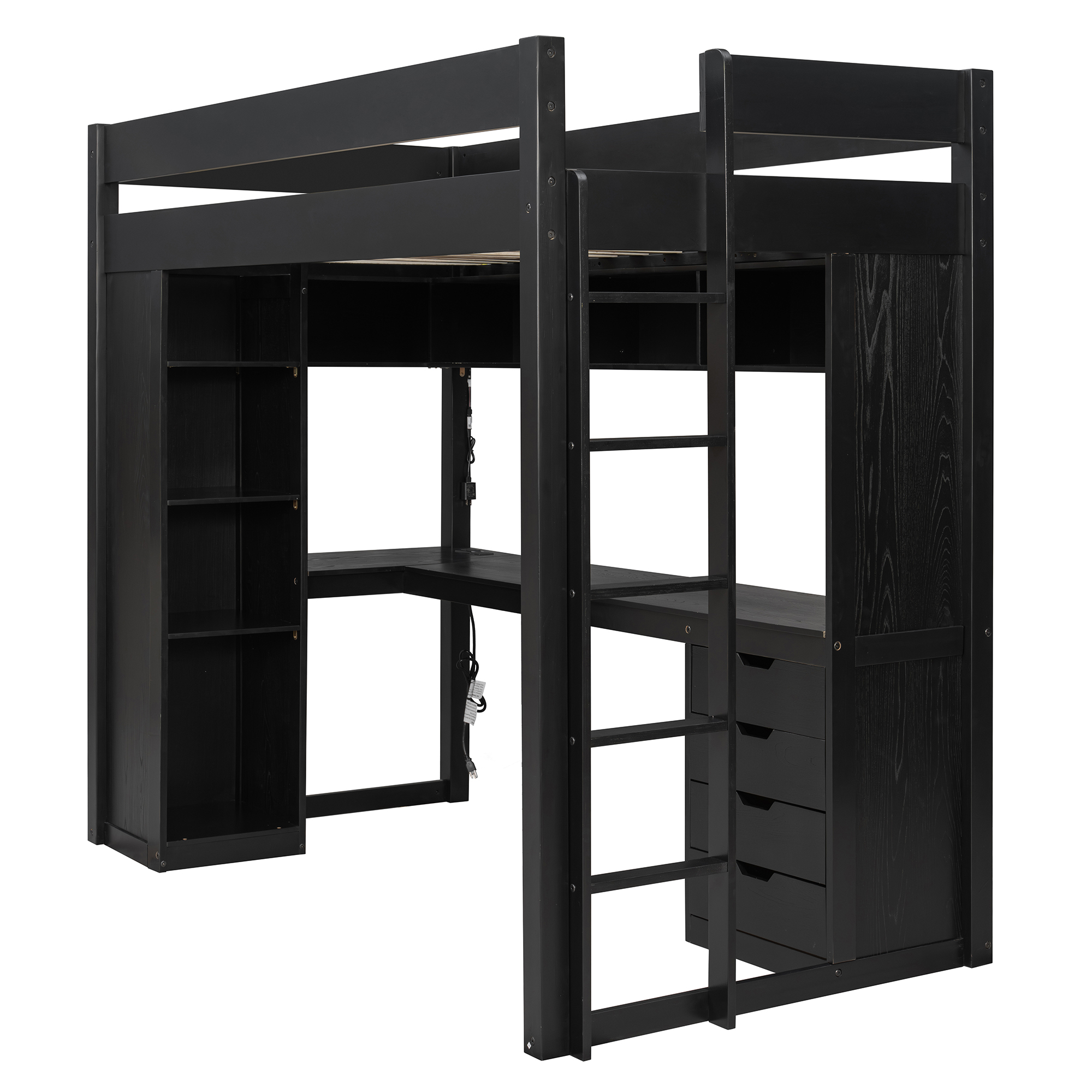 Twin Size Solid Wood Loft Bed with L-Shaped Desk and 4 Drawers
