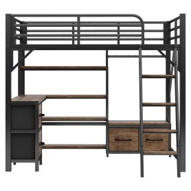Metal Full Size Loft Bed With Desk, Light, Storage Shelves, Wardrobe And Drawers
