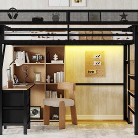 Full Size Loft Bed With Desk, Charging Station, 7 Open Storage Spaces And LED Lighting