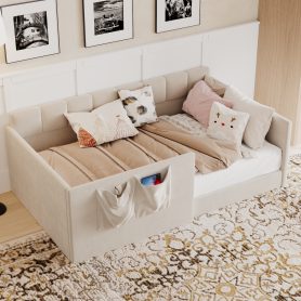 Velvet Upholstered Sofa Bed with High Side Panels and Side Entrance