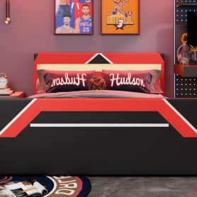 Queen Size Gaming Bed with Built-in 7-Color LED Lighting Headboard