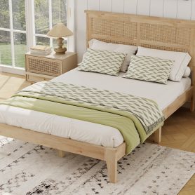 Full Size Solid Wood Bed with Rattan Headboard 52 Full Size Solid Wood Bed with Rattan Headboard