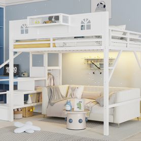 Metal Queen Loft Bed With High And House Shaped Guardrails, Stairs and Wardrobe