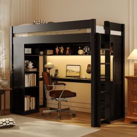 Twin Size Solid Wood Loft Bed with L-Shaped Desk and 4 Drawers